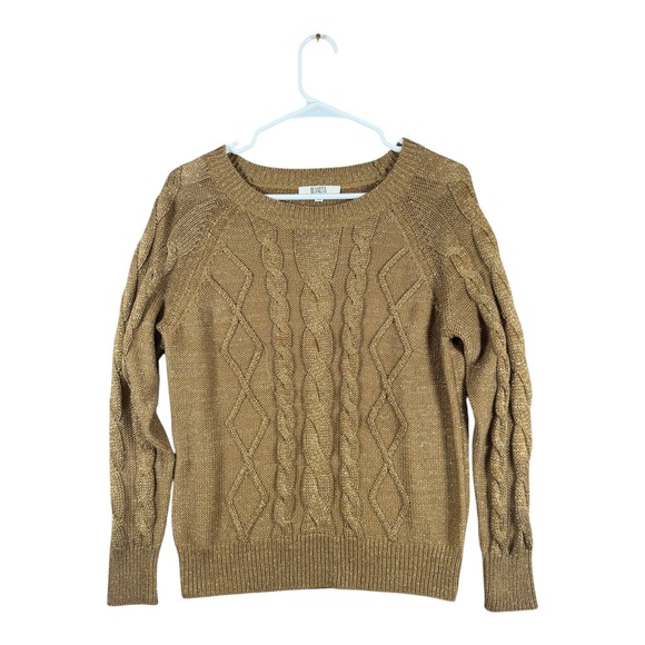 BB Dakota Sweaters - BB Dakota Womens Gold Metallic Cable Knit Diamond Raglan Pullover Sweater Size M